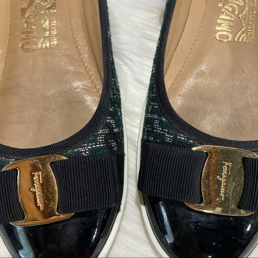 Ferragamo Rufina‎ Tweed Patent Leather Flats Green Black 5.5